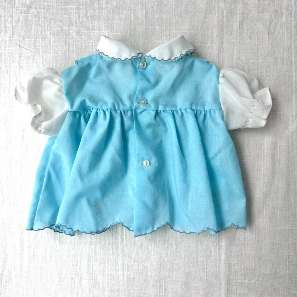 Vintage 1950s Doll Dress Blue Embroidered Floral Scalloped Puff Sleeve 8-10 inch